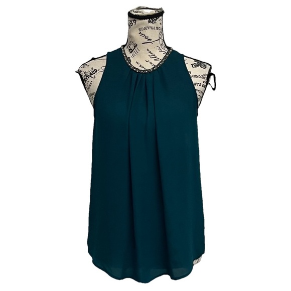 Violet + Claire Green Beaded Neckline Crepe Blouse Womens Career Modest Mature S - Picture 1 of 10